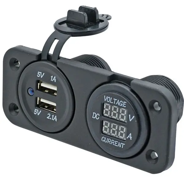 1852 USB-Steckdose Doppelpanel – 12 V Eingang, 5 V Ausgang mit Volt- und Amperemeter