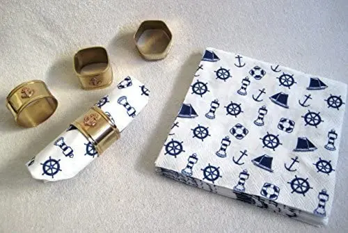 4er Set maritime Serviettenringe aus Messing + 20 Servietten Leuchtturm, Steuerrad, Anker