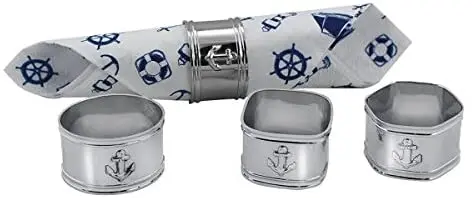4er Set maritime Serviettenringe aus Messing, vernickelt + 20 Servietten Leuchtturm, Steuerrad, Anker