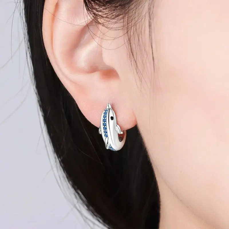 925 Sterling Silver Blue Dolphin Double Hoop Earrings