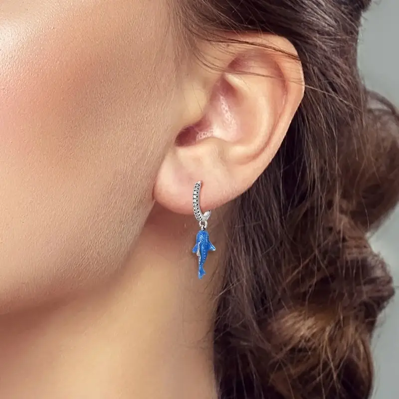 925 Sterling Silver Blue Whale Shark Hoop Earrings