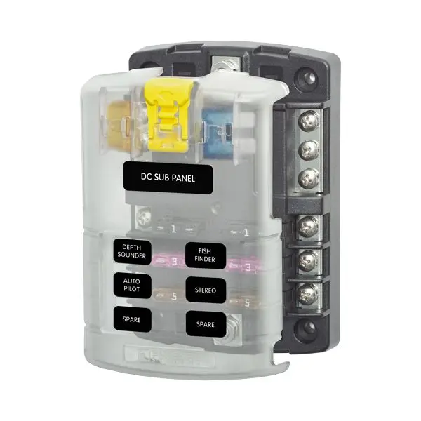 Blue Sea Sicherungshalter für 6 Flachstiftsicherungen max 30A, total max 100A mit 6 Anschlüssel für 0V