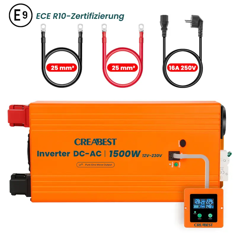 CREABEST 1500W Wechselrichter 12V auf 230V Reiner Sinus für Wohnmobil, Off Grid mit FI-Schalter, NVS, USV, R10, Wechselrichterkabel 25 mm² & AC Kabel  Preis exkl. MwSt. DE
