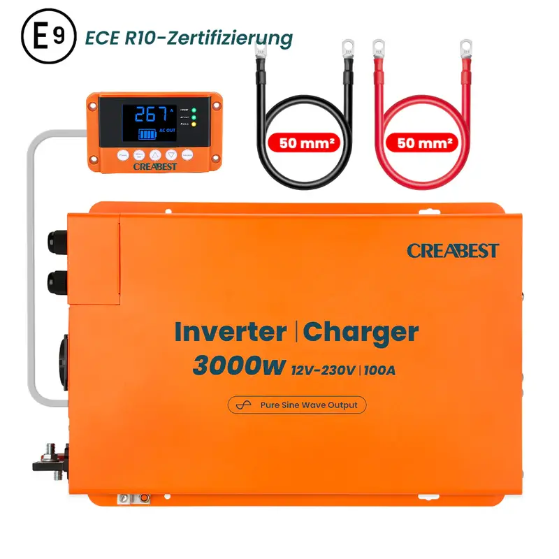 CREABEST 3000W Wechselrichter 12V auf 230V Reiner Sinus für Wohnmobil, Off Grid mit FI-Schalter, Ladegerät 100A, NVS, USV, R10, Wechselrichterkabel 50 mm² Preis exkl. MwSt. DE