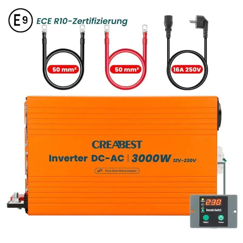 CREABEST 3000W Wechselrichter 12V auf 230V Reiner Sinus für Wohnmobil, Off Grid mit FI-Schalter, NVS, USV, R10, Wechselrichterkabel 50 mm² & AC Kabel Preis exkl. MwSt. DE