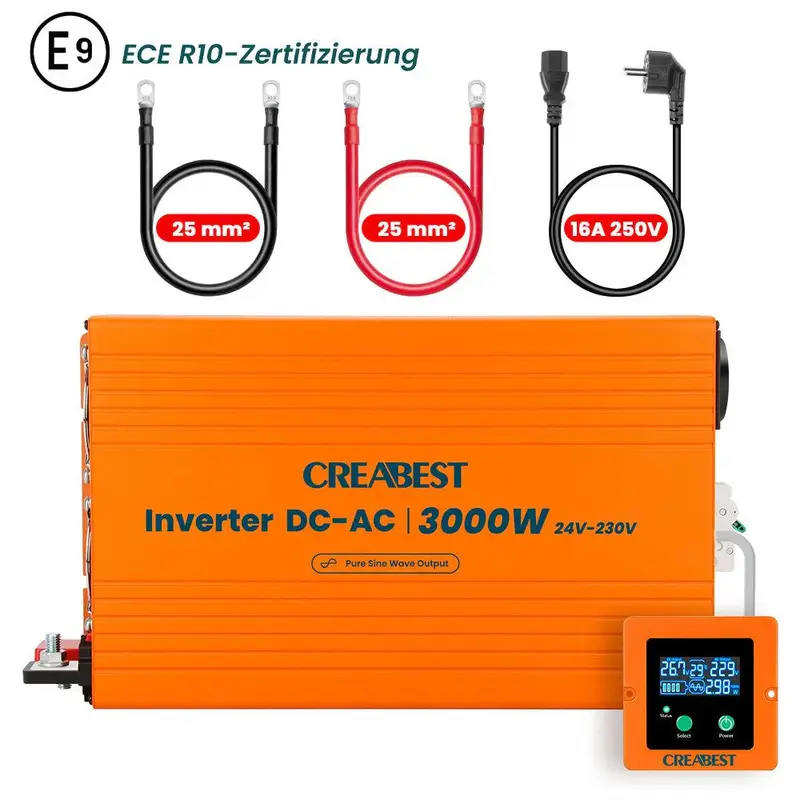 CREABEST 3000W Wechselrichter 24V auf 230V Reiner Sinus für Wohnmobil, Off Grid mit FI-Schalter, NVS, USV, R10, Wechselrichterkabel 25 mm² & AC Kabel Preis exkl. Mwst. DE