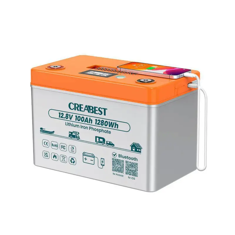 CREABEST LiFePO4 Akku 100Ah 12.8V für Wohnmobil Camping Solaranlagen Elektromotor Boot mit Selbsterwärmung & Typ C Ladeanschlüssen & Wasserdicht IP67 & Bluetooth0 Preis exkl. MwSt. DE
