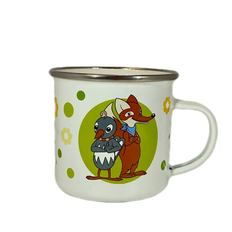 Emaillebecher „Fuchs und Elster“, Metallbecher, emailliert