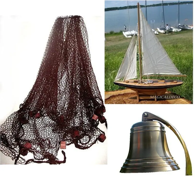 Geschenkeset bestehend aus Segelyacht, Große Schiffsglocke anlaufgeschützt + Fischernetz braun