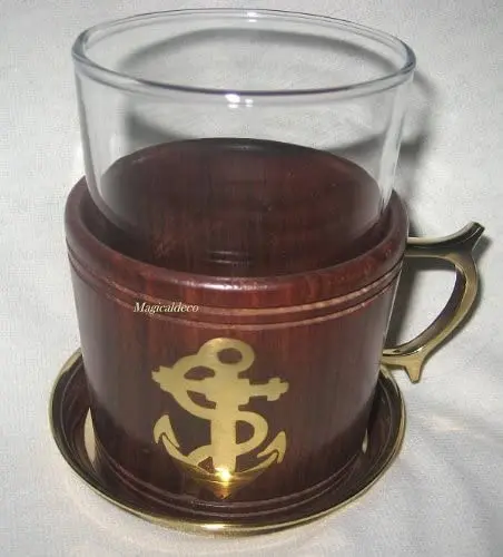 Grog- Glas/Tee- Glas- maritim- Messing, Holz und Glas mit Untersetzer- Ankermotiv