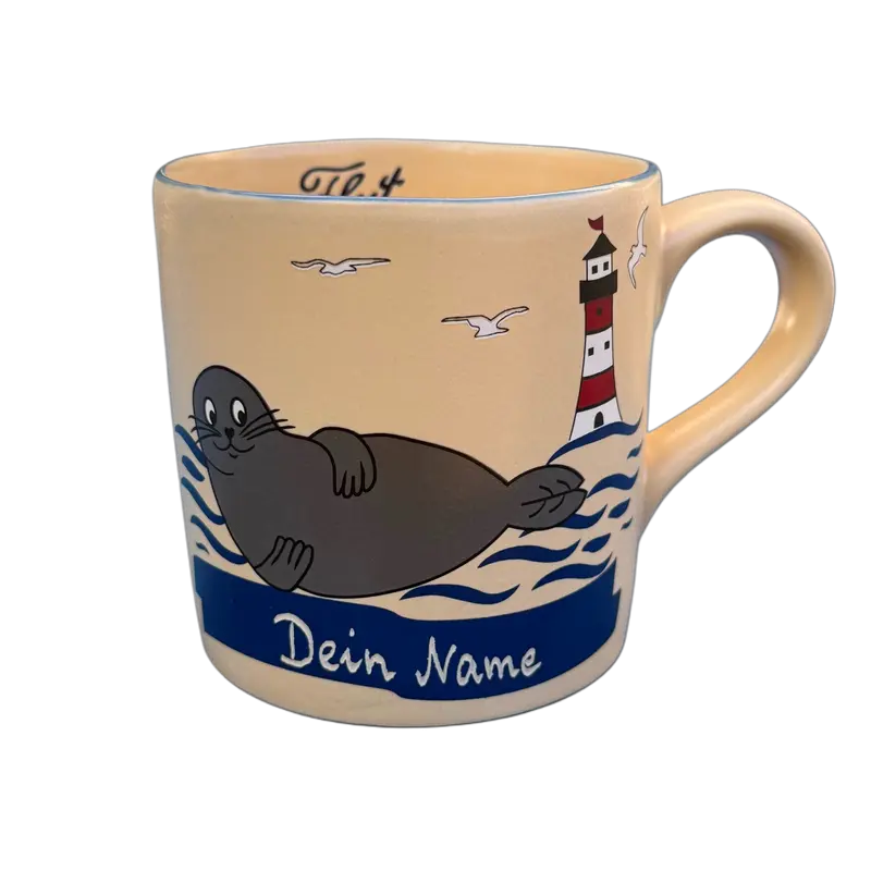 Kindertasse, Keramik, „Robbe“ groß mit Wunschnamen - Jeder Name ist möglich!