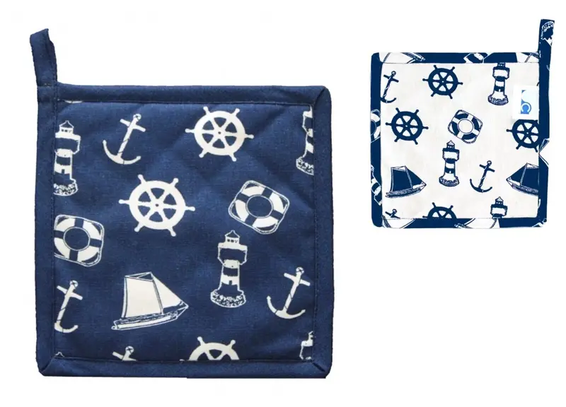 Maritim- 2er Set Topflappen - gute Wärmeisolierung- Anker, Steuerrad- beidseitig, Baumwolle