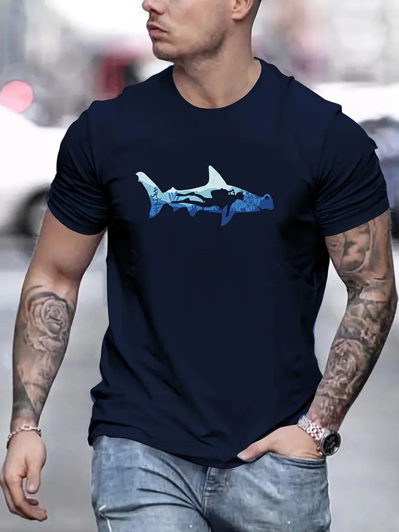 Men scuba diving T-Shirt | Shark And Diver Print