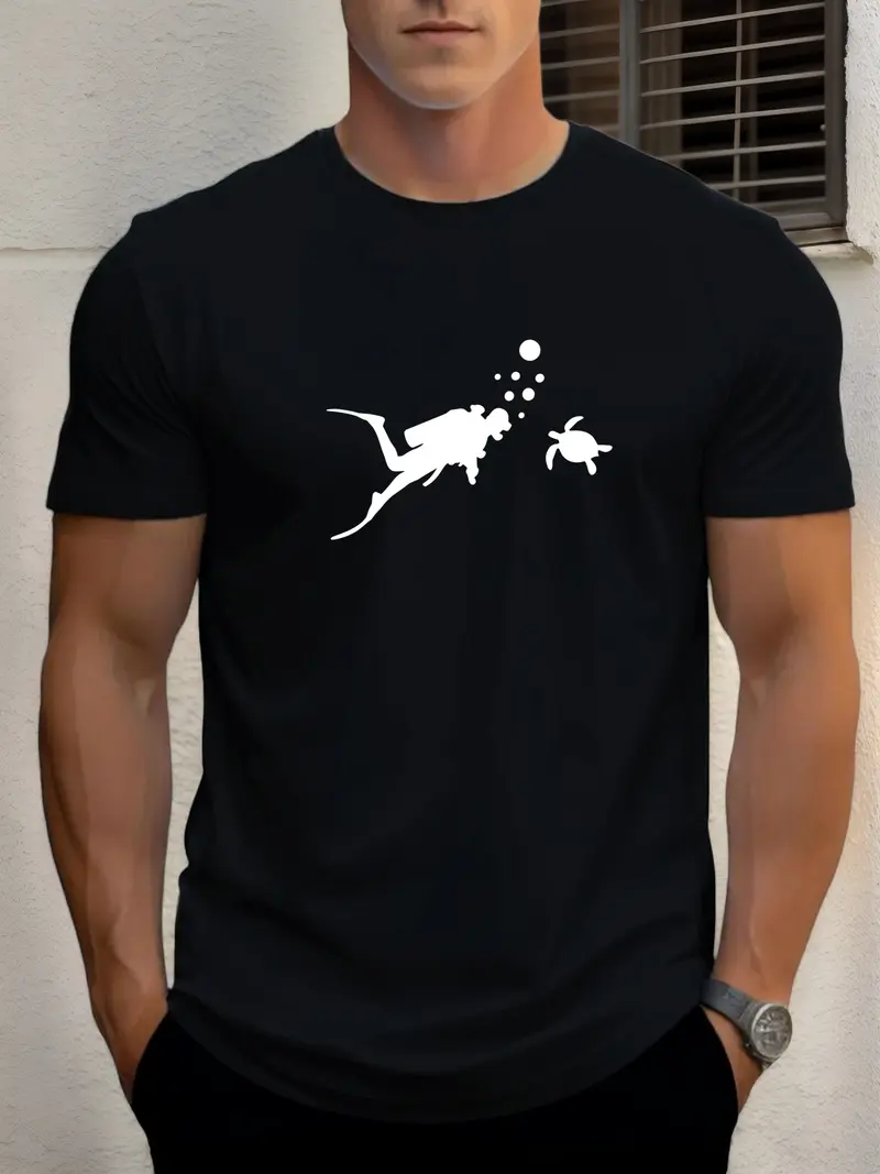 Men’s Casual Short Sleeve T-Shirt – Turtle & Diving Graphic, 100% Cotton