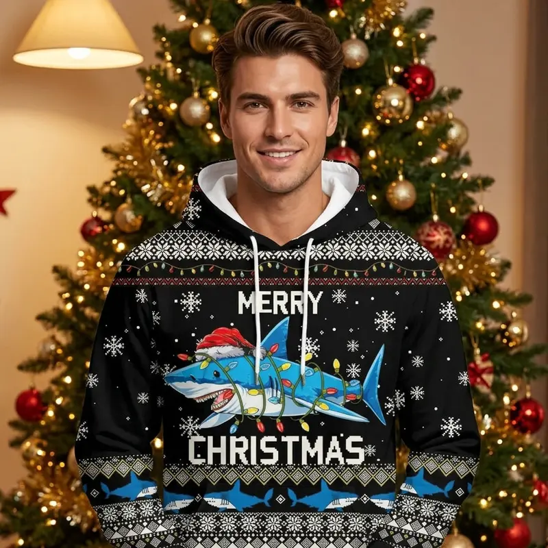 Men's Hooded Sweatshirt - Merry Christmas Shark Print