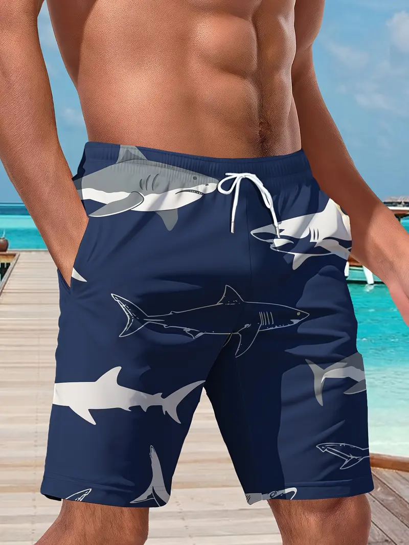 Men’s Navy Shark Print Drawstring Shorts