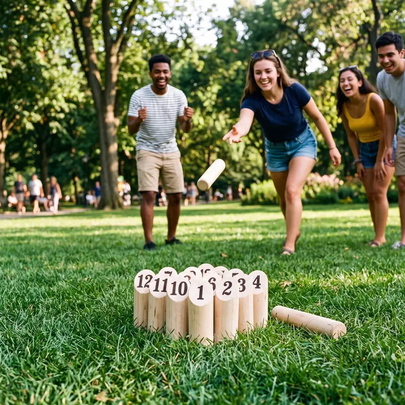 Nummern Kubb – Wurfspiel aus Holz, 12 Zahlenklötze + Wurfholz