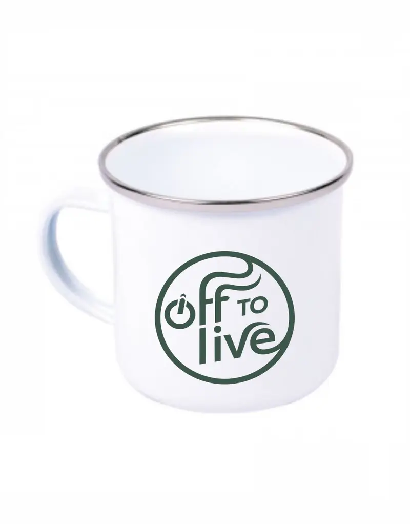 Off to Live Logo grün Emaille Becher
