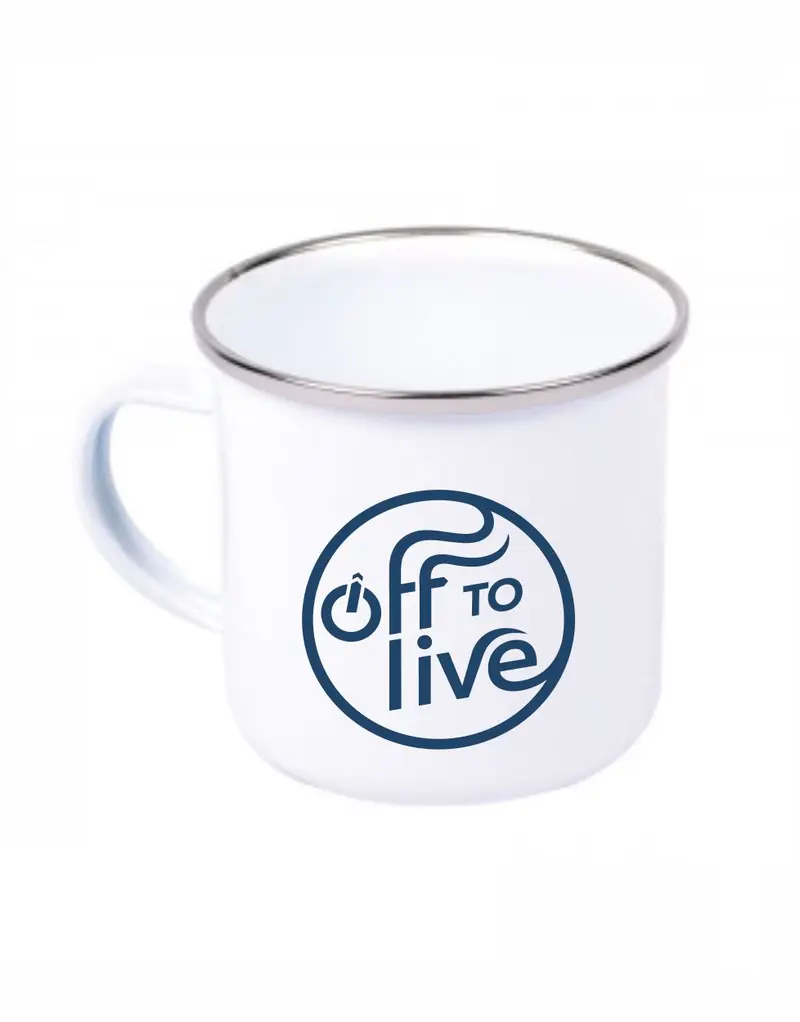 Off to Live Logo navy Emaille Becher