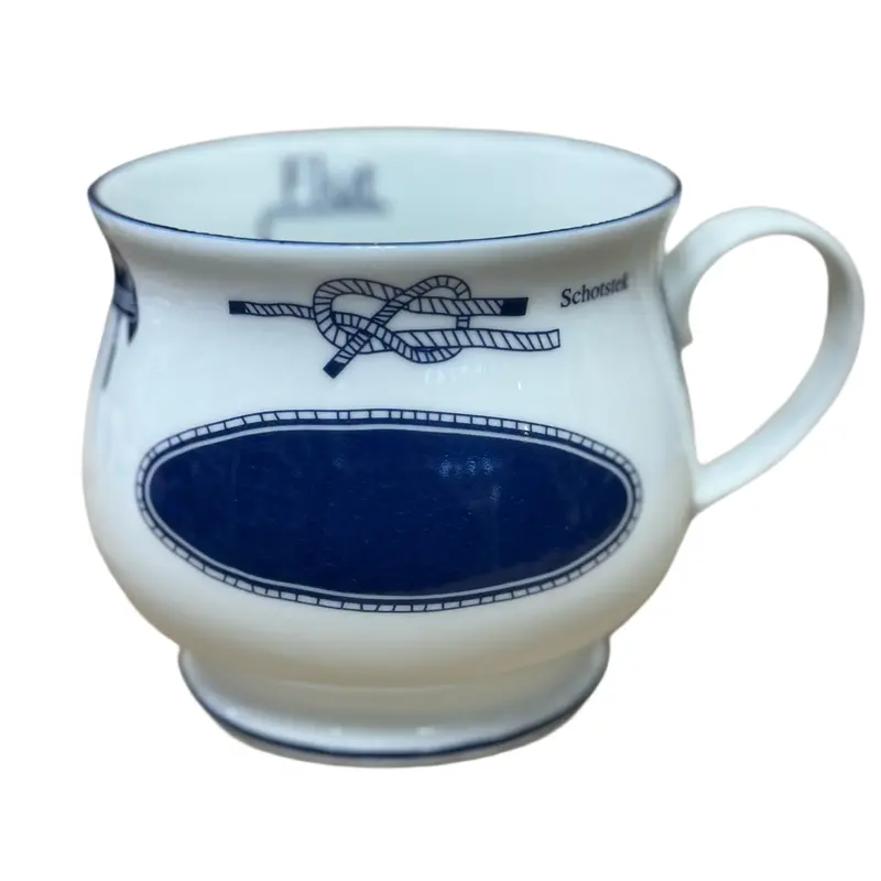 Porzellan - Namensbecher mit Wunschnamen, Kapitäns - Design mit Knoten, jeder Name ist möglich, bauchiger Gravurbecher
