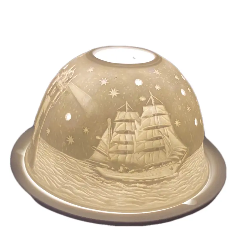 Porzellan Windlicht, „Starlight“, Teelicht, „Segelschiffe in der Nacht"