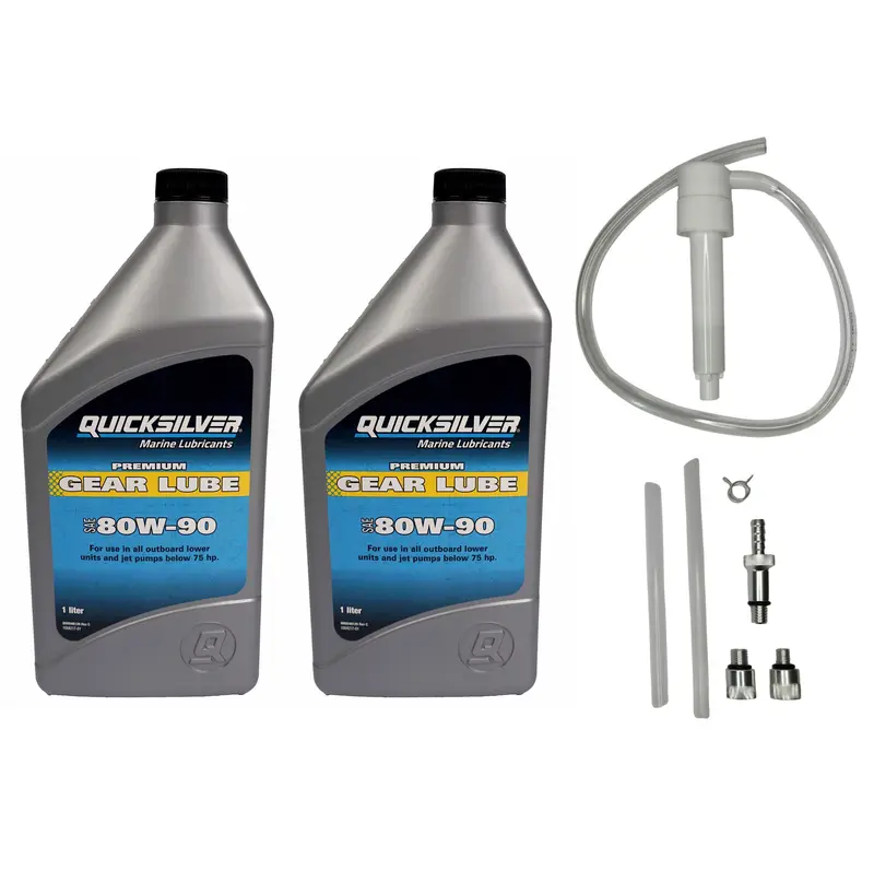 Quicksilver Hochleistungs-Getriebeschmiermittel Getriebeöl SAE80W-90 – 2x 1 Liter mit Getriebeölpumpe | Premium Schutz für Außenborder & Heckantriebe bis 75PS
