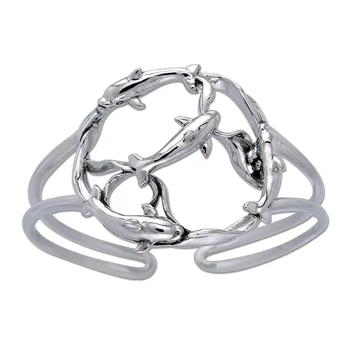 Real Silver Dolphin Pod Sterling Silver Cuff Bracelet
