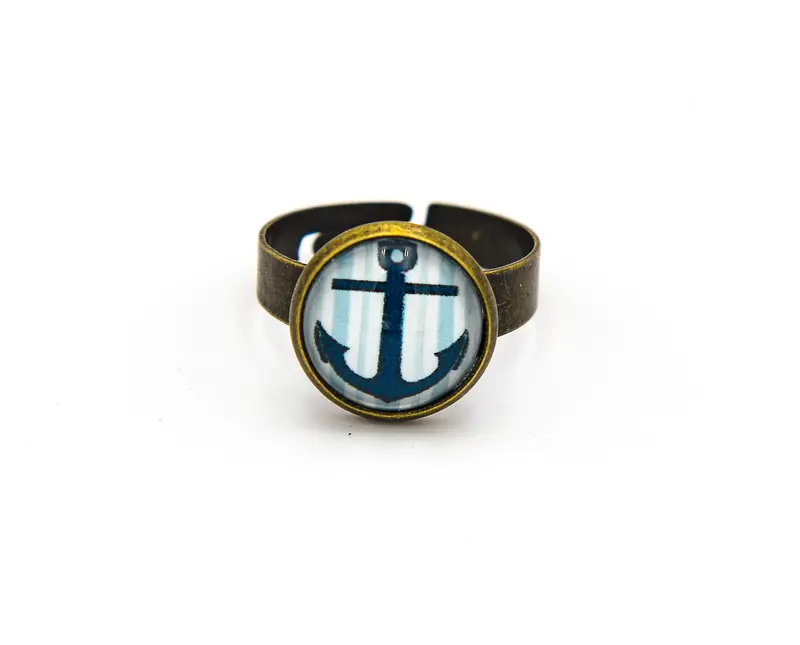 Ring mit Anker gestreift und Glasknopf in Bronze 12mm