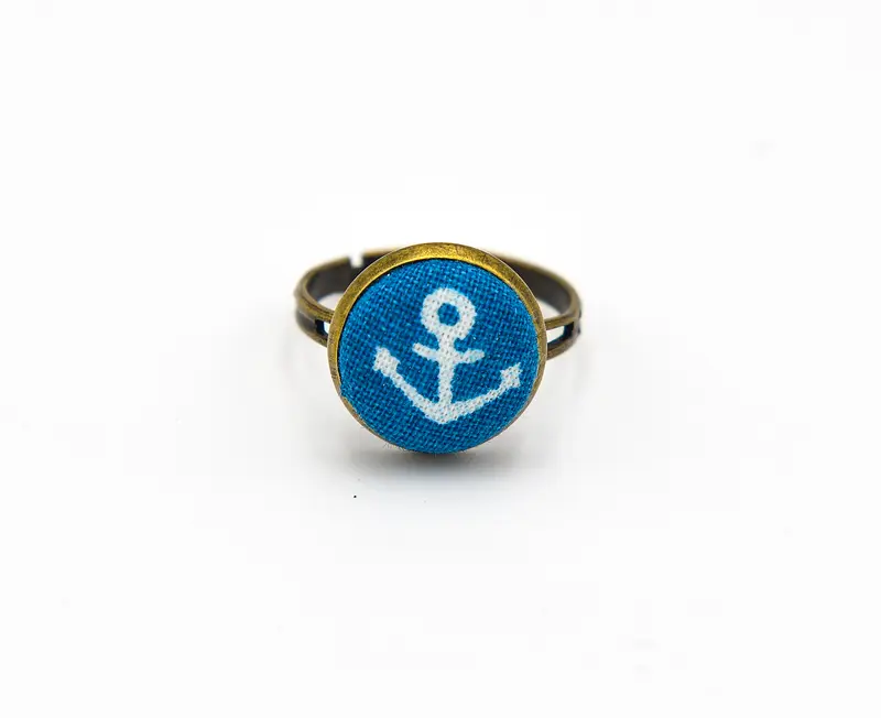 Ring mit Stoff und Anker in Dunkeltürkis und Bronze 12mm