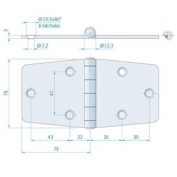 Roca Scharnier aus Edelstahl – 51+51 × 64 mm, Achsführung oben