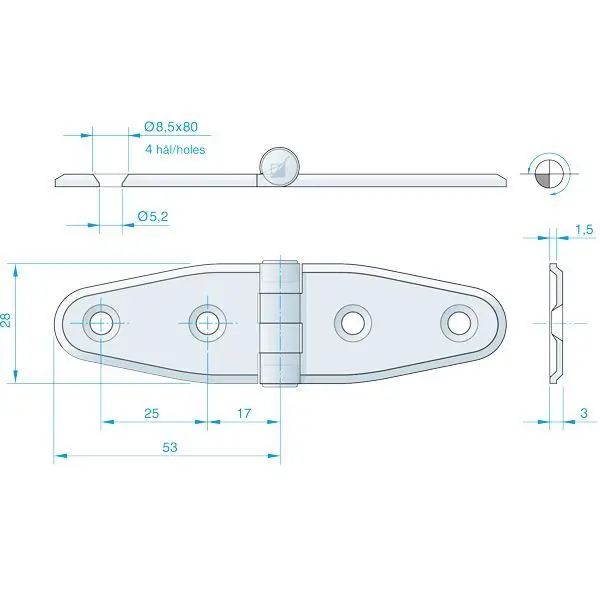 Roca Scharnier aus Edelstahl – 51+51 × 64 mm, Achsführung oben
