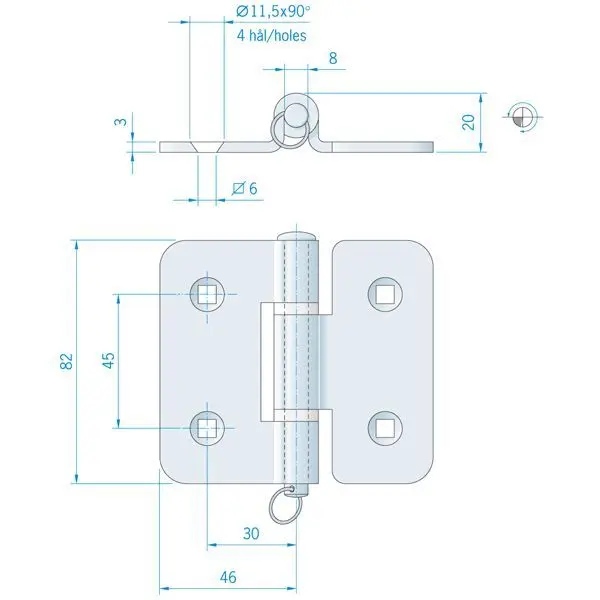 Roca Scharnier aus Edelstahl – 51+51 × 64 mm, Achsführung oben