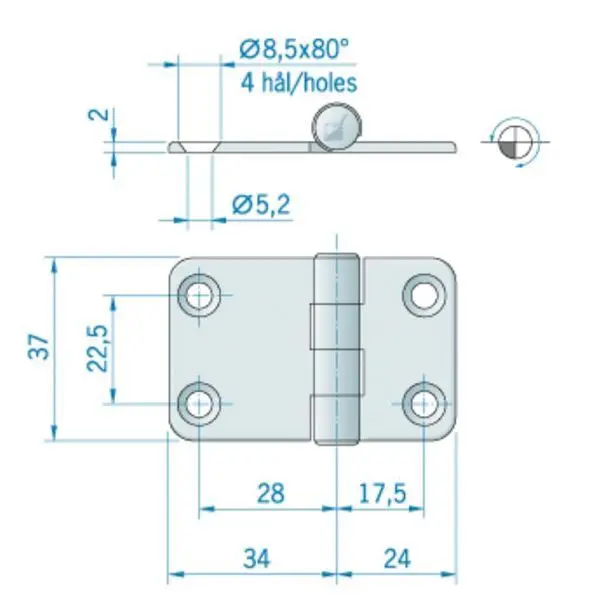 Roca Scharnier aus Edelstahl – 51+51 × 64 mm, Achsführung oben