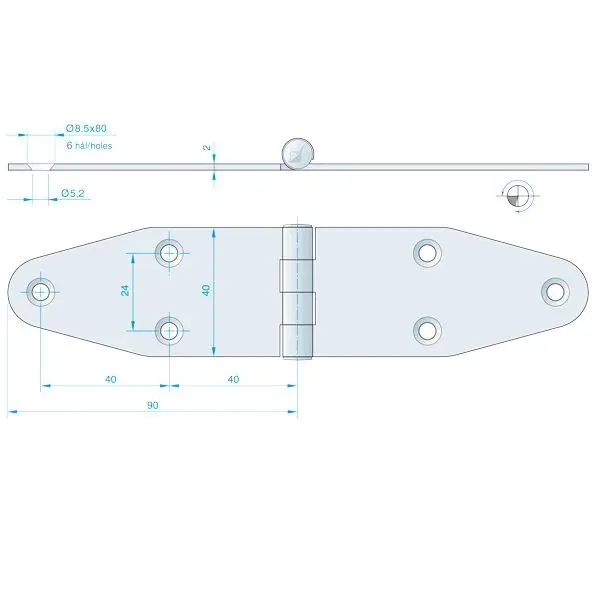 Roca Scharnier aus Edelstahl – 51+51 × 64 mm, Achsführung oben