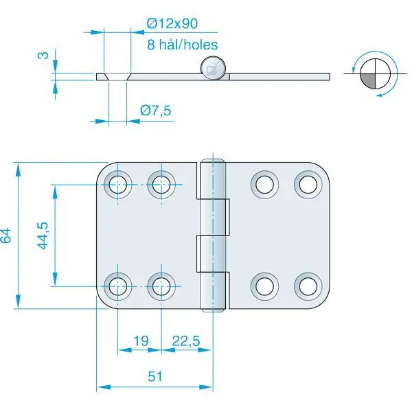 Roca Scharnier aus Edelstahl – 51+51 × 64 mm, Achsführung oben