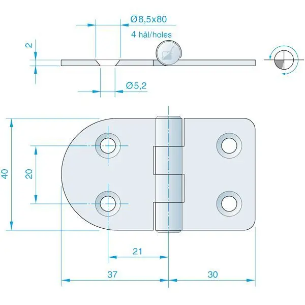 Roca Scharnier aus Edelstahl A4 – 24+24 × 40 mm, Achse oben