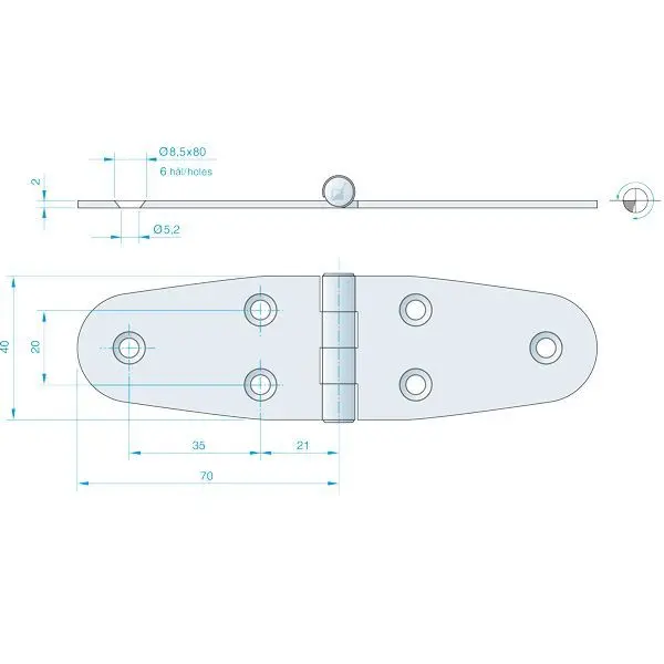 Roca Scharnier aus Edelstahl A4 – 24+24 × 40 mm, Achse oben