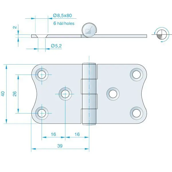 Roca Scharnier aus Edelstahl A4 – 24+24 × 40 mm, Achse oben