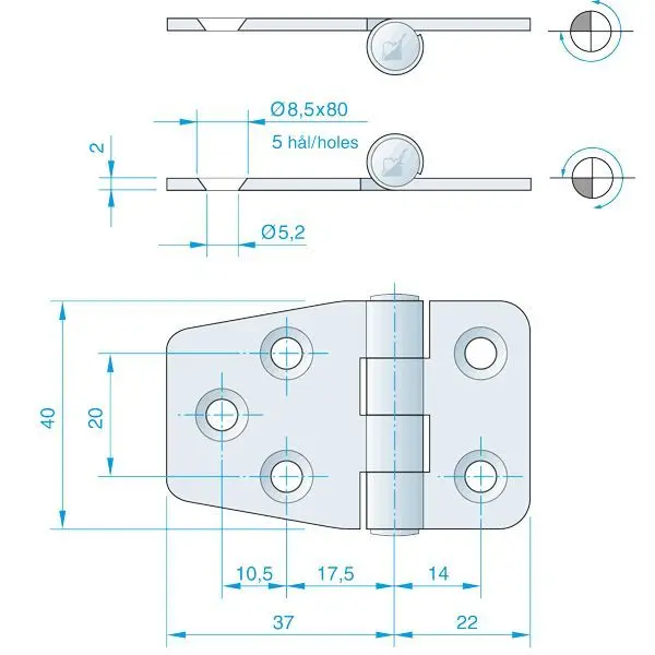 Roca Scharnier Edelstahl A4 – 59 × 40 mm, drei Achslagen wählbar