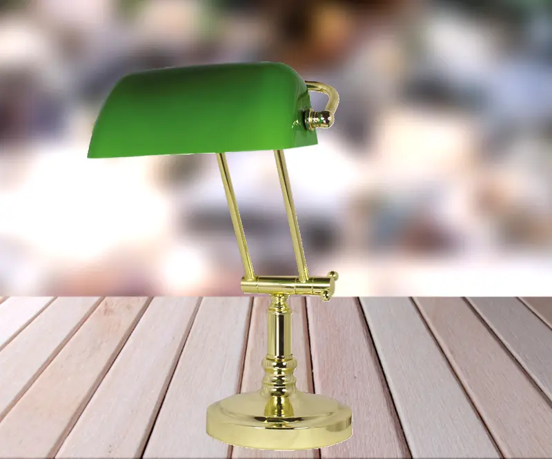 Schreibtisch/Bankerslampe Messingfuß mit Kniegelenk H. bis max. 45 cm- mit Glasschirm grün- schwenkbar
