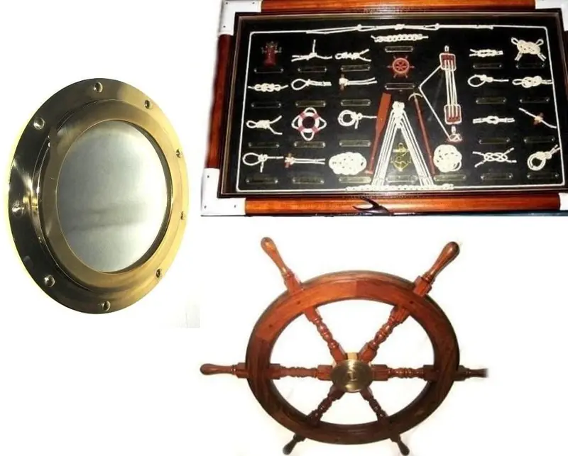 Spiegel-Bullauge-30-cm-Steuerrad 45 cm+Große Knotentafel-französisch