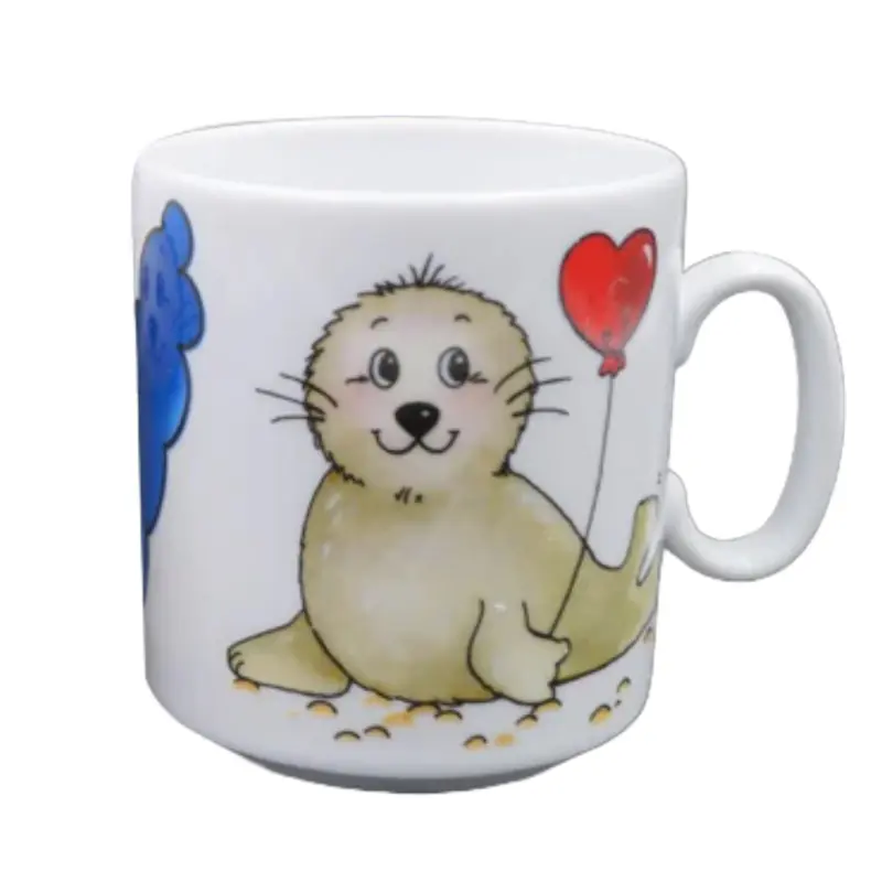 Tasse, Porzellan, „Robbe Herzluftballon“ mit Wunschnamen - Jeder Name ist möglich!