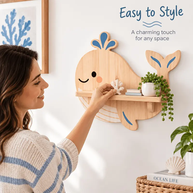 Wooden Floating Shelves - Whale Shaped